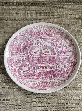 Vintage Iowa Souvenir Plate in Pink on White